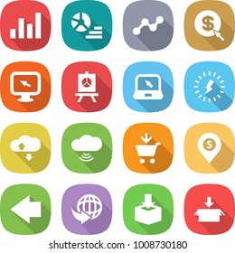 flat vector icon set - graph vector, diagram, dollar arrow, monitor, presentation, notebook, lightning, cloud service, wireless, add to cart, pin, left, delivery, package