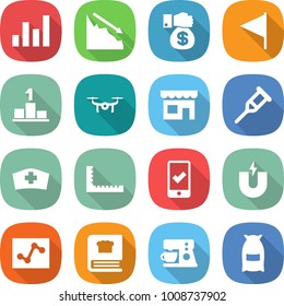 flat vector icon set - graph vector, crisis, money gift, flag, pedestal, drone, shop, crutch, medical hat, ruler, mobile checking, magnet, analytics, cooking book, coffee maker, flour