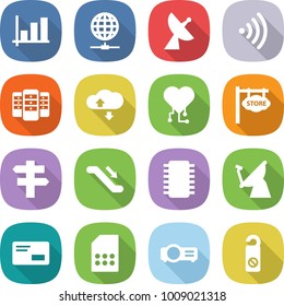 flat vector icon set - graph vector, globe connect, satellite antenna, wireless, server, cloud service, cardio chip, store signboard, singlepost, escalator, envelope, sim card, projector