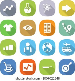 flat vector icon set - graph vector, round flask, bang, right arrow, t shirt, eye, pills blister, route, sorting, workman, earth, transfer, rocking chair, analytics, pan