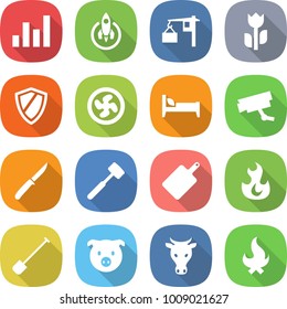 flat vector icon set - graph vector, rocket, loading, perishable, shield, cooler fan, bed, surveillance camera, knife, meat hammer, cutting board, fire, shovel, pig, cow