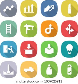 flat vector icon set - graph vector, up, down arrow, lipstick, ladder, tower crane, trip, route, courier delivery, package, air ballon, rocket start, pickup, cleanser, please clean