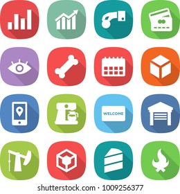 flat vector icon set - graph vector, diagram, hand coin, credit card, eye, bone, calendar, 3d, mobile location, coffee maker, welcome mat, garage, oil pump, cake, fire