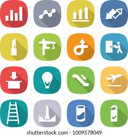 flat vector icon set - graph vector, up, down arrow, lipstick, tower crane, trip, courier delivery, package, air ballon, escalator, departure, ladder, rocket start, cleanser powder, please clean
