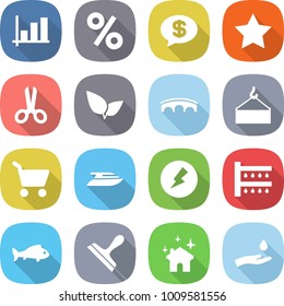 flat vector icon set - graph vector, percent, money message, star, scissors, leafs, bridge, loading crane, cart, yacht, electricity, watering, fish, scraper, house cleaning, hand and drop