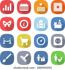 flat vector icon set - graph vector, calendar, sun power, cpu, bow, info, building, customs control, vip fence, cart, barometer, socket, big spoon, scraper, kitchen cleaning, toilet