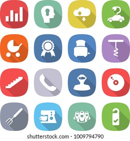 flat vector icon set - graph vector, bulb head, cloud service, electric car, baby stroller, medal, toaster, corkscrew, stairs, phone, vr helmet, cd, big fork, coffee maker, outsource, please clean