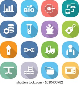 flat vector icon set - graph vector, bio, cell corection, notebook connect, virtual mining, vial, flower, medical label, tower, school, fork loader, workman, table, pool, steam pan, grill oven