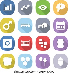 flat vector icon set - graph vector, eye, brain, male sign, bridge, warehouse, calendar, ring button, crib, blocks, chip, cpu, honeycombs, trees, acorn