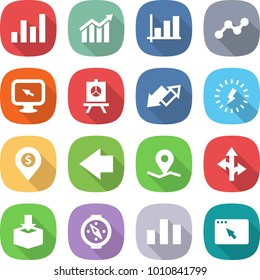 flat vector icon set - graph vector, diagram, monitor arrow, presentation, up down, lightning, dollar pin, left, geo, route, package, compass, chart, browser window