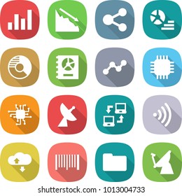 flat vector icon set - graph vector, crisis, share, diagram, circle, annual report, chip, satellite antenna, notebook connect, wireless, cloud service, bar code, documents