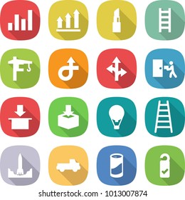 flat vector icon set - graph vector, up, lipstick, ladder, tower crane, trip, route, courier delivery, package, air ballon, rocket start, pickup, cleanser powder, please clean