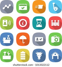 flat vector icon set - graph vector, calendar, delivery, gyroscooter, pass card, info, sand clock, palace, customs control, dry cargo, check in, camera, repair tools, battery, cow, barn