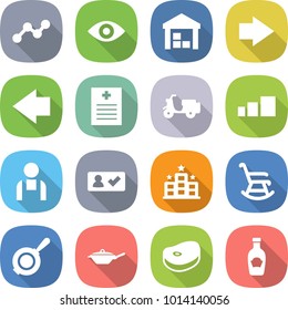 flat vector icon set - graph vector, eye, warehouse, right arrow, left, recipe, scooter shipping, sorting, workman, check in, hotel, rocking chair, pan, steake, ketchup
