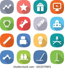 flat vector icon set - graph vector, star, gift, monitor arrow, hex molecule, broken bone, pencil, mansion, ruler, toaster, bulb, drawing pen, robot hand, salt pepper, rake