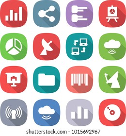 flat vector icon set - graph vector, share, diagram, presentation, satellite antenna, notebook connect, cloud wireless, documents, bar code, service, chart, cd