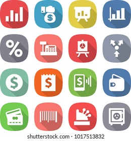 flat vector icon set - graph vector, money gift, presentation, percent, cashbox, core splitting, dollar coin, receipt, mobile pay, wallet, credit card, bar code, safe