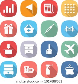 flat vector icon set - graph vector, flag, newspaper, chip, gift, add to basket, syringe, bridge, package, nightstand, scoop, plane, double boiler, food processor, sprayer, hanger