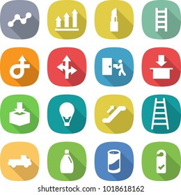 flat vector icon set - graph vector, up, lipstick, ladder, trip, route, courier delivery, package, air ballon, escalator, pickup, cleanser, powder, please clean