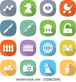 flat vector icon set - graph vector, chess horse, crypto currency, baby stroller, scalpel, syringe, goverment house, unlock, fence, globe, money, motorcycle, camera, knife holder, seedling