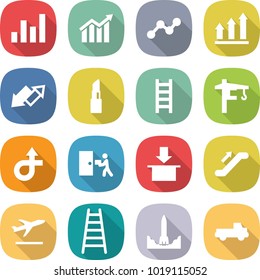 flat vector icon set - graph vector, diagram, up, down arrow, lipstick, ladder, tower crane, trip, courier delivery, package, escalator, departure, rocket start, pickup