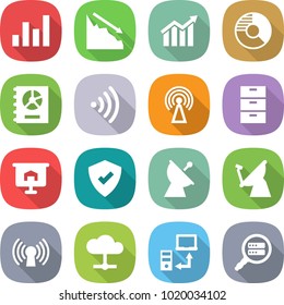 flat vector icon set - graph vector, crisis, diagram, circle, annual report, wireless, antenna, archive, presentation, protected, satellite, cloud, data transfer, search