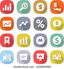 flat vector icon set - graph vector, dollar magnifier, investment, statistics, percent, money message, presentation, up, crypto currency, coin, cashbox, atm receipt