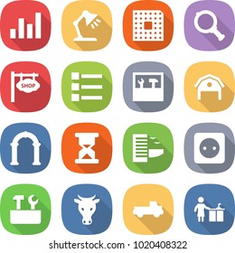 flat vector icon set - graph vector, table lamp, cpu, magnifier, shop signboard, list, tools, barn, arch, sand clock, hotel, power socket, repair, cow, pickup, kitchen cleaning
