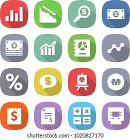 flat vector icon set - graph vector, crisis, dollar magnifier, money, diagram, annual report, percent, message, presentation, crypto currency, receipt, account balance, calculator, atm