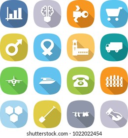 flat vector icon set - graph vector, bulb brain, satellite, cart, male sign, medical harness, church, shipping, plane, yacht, phone, fence, honeycombs, shovel, drying clothes, wiping