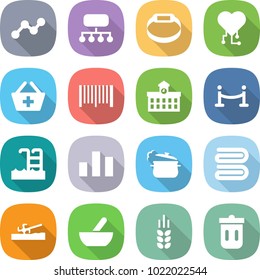 flat vector icon set - graph vector, structure, smart bracelet, cardio chip, add to basket, bar code, university, vip fence, pool, chart, steam pan, towel, soil cutter, mortar, spike, trash bin
