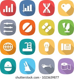 flat vector icon set - graph vector, dna, heart, equalizer, pill, broken, globe, pool, bulb, office phone, egg timer, knife holder, blower, toilet paper