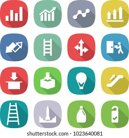 flat vector icon set - graph vector, diagram, up, down arrow, ladder, route, courier delivery, package, air ballon, escalator, rocket start, cleanser, please clean