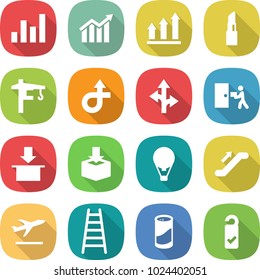 flat vector icon set - graph vector, diagram, up, lipstick, tower crane, trip, route, courier delivery, package, air ballon, escalator, departure, ladder, cleanser powder, please clean