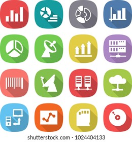 flat vector icon set - graph vector, diagram, circle, satellite antenna, up, server, bar code, cloud, data transfer, analytics, sd card, cd