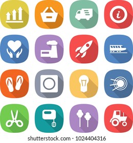 flat vector icon set - graph up vector, remove from basket, delivery, info, health care, factory, rocket, train, flip flops, ring button, bulb, satellite, scissors, mixer, trees, tractor