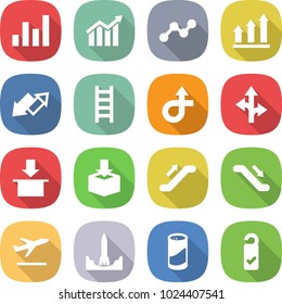 flat vector icon set - graph vector, diagram, up, down arrow, ladder, trip, route, package, escalator, departure, rocket start, cleanser powder, please clean