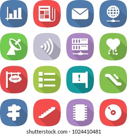 flat vector icon set - graph vector, newspaper, mail, globe connect, satellite antenna, wireless, server, cardio chip, shop signboard, list, important flag, escalator, signpost, stairs, cd
