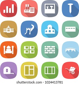 flat vector icon set - graph vector, store, tools, nail, hospital, greate wall, mansion, bunker, minaret, panel house, brick, bridge, measuring tape, window, wheelbarrow