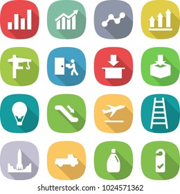 flat vector icon set - graph vector, diagram, up, tower crane, courier delivery, package, air ballon, escalator, departure, ladder, rocket start, pickup, cleanser, please clean