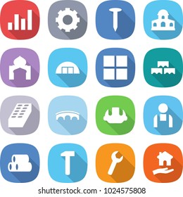 flat vector icon set - graph vector, gear, nail, mansion, minaret, hangare, window, block wall, brick, bridge, building helmet, workman, pipes, hammer, wrench, housing