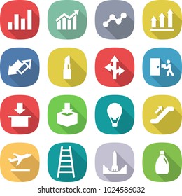 flat vector icon set - graph vector, diagram, up, down arrow, lipstick, route, courier delivery, package, air ballon, escalator, departure, ladder, rocket start, cleanser
