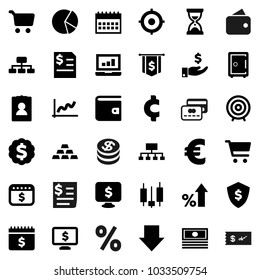 Flat vector icon set - graph vector, pie, cart, japanese candle, laptop, wallet, cash, percent growth, investment, annual report, target, sand clock, arrow down, dollar medal, flag, shield, safe