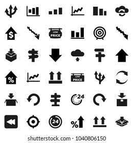 Flat vector icon set - graph vector, crisis, percent growth, dollar, target, arrow down, up, signpost, top sign, package, sorting, backward button, cloud exchange, refresh, redo, undo, upload, route