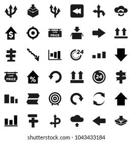 Flat vector icon set - graph vector, crisis, percent growth, dollar, target, arrow down, up, route, signpost, top sign, package, sorting, backward button, cloud exchange, refresh, redo, undo, upload