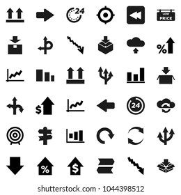 Flat vector icon set - graph vector, crisis, percent growth, dollar, target, arrow down, route, signpost, top sign, package, sorting, backward button, cloud exchange, refresh, redo, upload, 24 hour