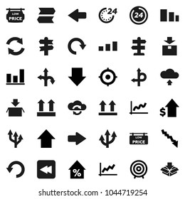 Flat vector icon set - graph vector, crisis, percent growth, dollar, target, arrow down, up, route, signpost, top sign, package, sorting, backward button, cloud exchange, refresh, redo, undo, upload