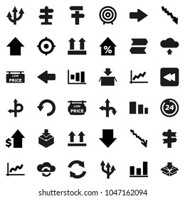 Flat vector icon set - graph vector, crisis, percent growth, dollar, target, arrow down, up, route, signpost, top sign, package, sorting, backward button, cloud exchange, refresh, undo, upload