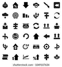 Flat vector icon set - graph vector, crisis, percent growth, dollar, target, arrow down, up, route, signpost, top sign, package, sorting, backward button, cloud exchange, refresh, undo, upload