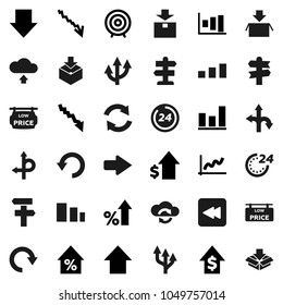 Flat vector icon set - graph vector, crisis, percent growth, dollar, target, arrow down, up, route, signpost, package, sorting, backward button, cloud exchange, refresh, redo, undo, upload, 24 hour